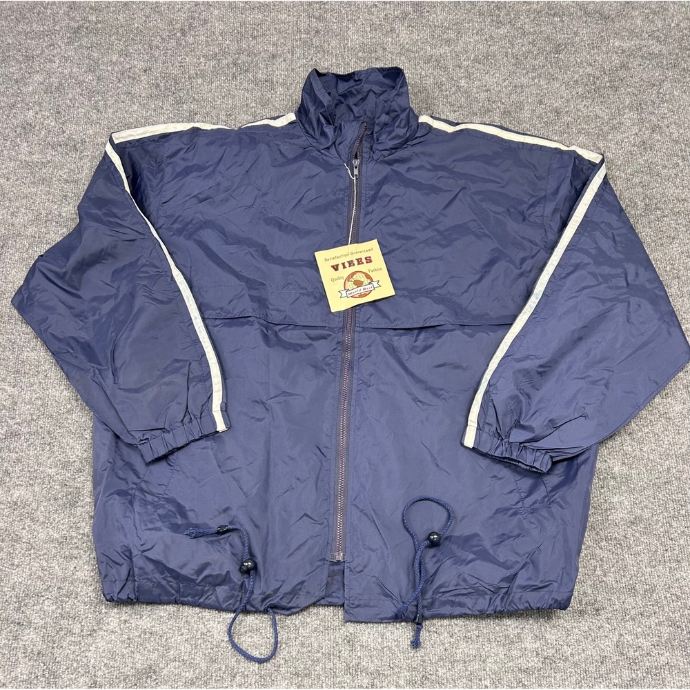 Vibes Vintage Mens XL Navy Blue Nylon Track Jacket With White‎ Stripe Accents
